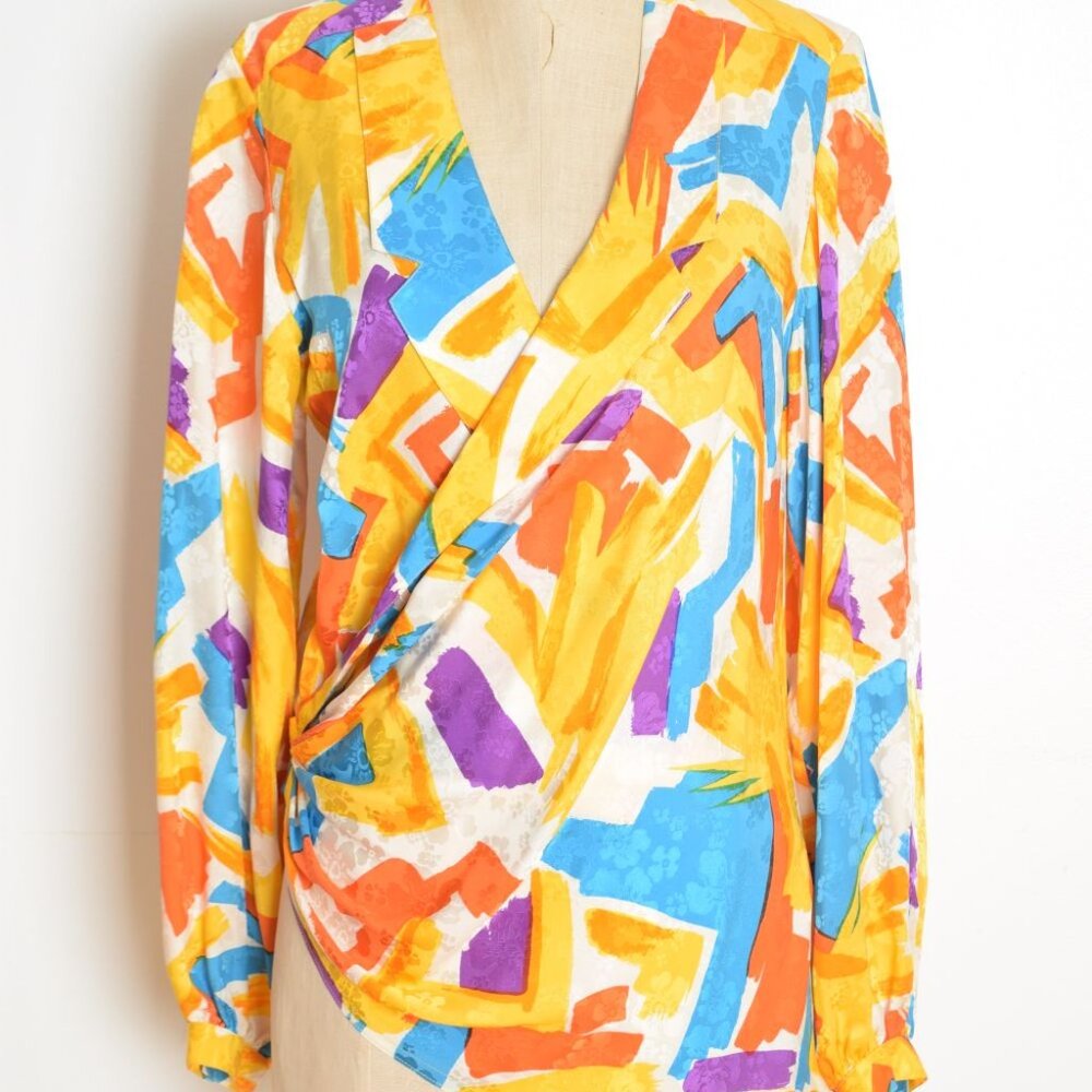 vintage 80s silk wrap blouse top shirt white yellow brush stroke print Argenti L - Picture 2 of 10